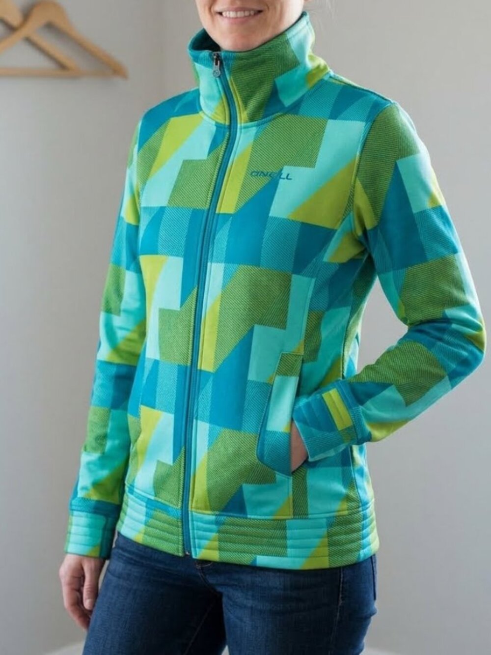 O’Neill Full Zip Fleece Jacket Geometric Abstract Green Teal Mock Neck Size M